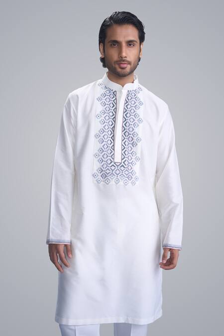Shop_Sanjev Marwaaha_Ivory Cotton, Silk Embroidery Kurta And Pant Set_Online_at_Aza_Fashions
