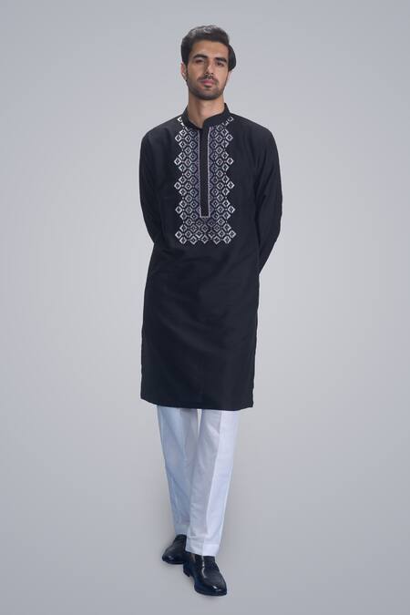 Buy_Sanjev Marwaaha_Black Cotton, Silk Embroidery Kurta Set_Online_at_Aza_Fashions