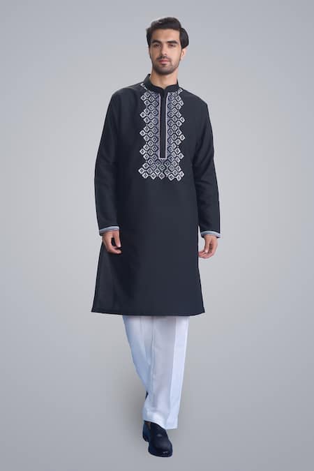 Sanjev Marwaaha Black Cotton Silk Embroidered Kurta Set 