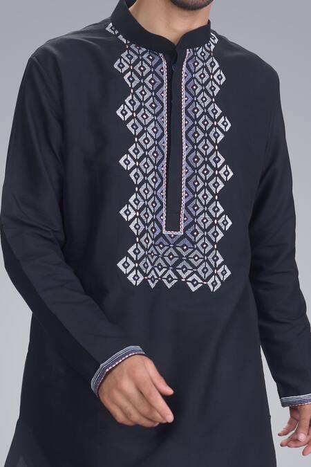 Shop_Sanjev Marwaaha_Black Cotton, Silk Embroidery Kurta Set_Online_at_Aza_Fashions