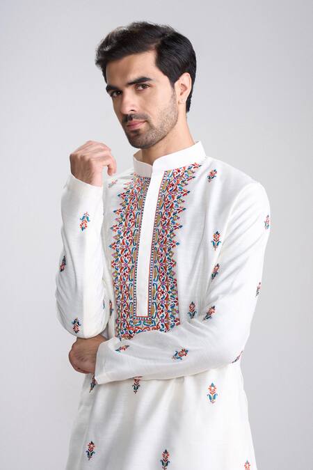Sanjev Marwaaha_Ivory Chanderi , Silk, Chanderi, Embroidery Kurta Set_Online_at_Aza_Fashions