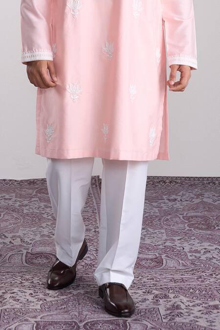 Shop_Sanjev Marwaaha_Peach Cotton, Silk Embroidery Kurta Set_Online_at_Aza_Fashions