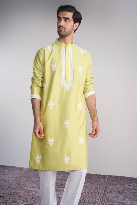 Buy_Sanjev Marwaaha_Green Cotton, Silk Embroidery Light Kurta Set_Online_at_Aza_Fashions