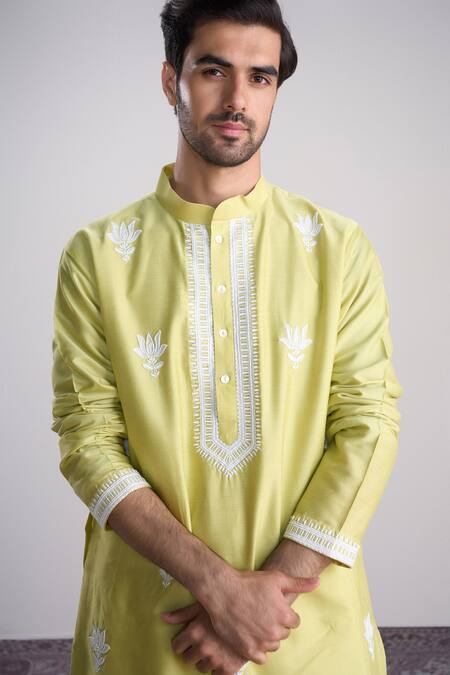 Shop_Sanjev Marwaaha_Green Cotton, Silk Embroidery Light Kurta Set_Online_at_Aza_Fashions