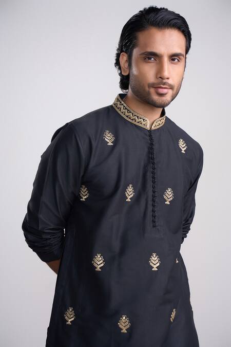Sanjev Marwaaha_Black Cotton, Silk Embroidery Kurta Set_Online_at_Aza_Fashions