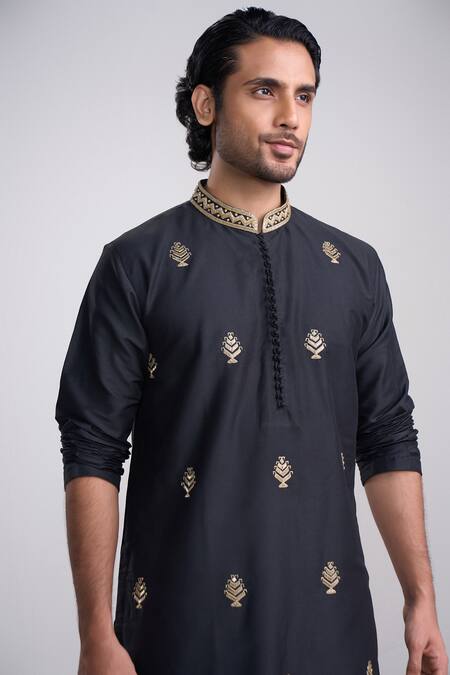 Shop_Sanjev Marwaaha_Black Cotton, Silk Embroidery Kurta Set_Online_at_Aza_Fashions