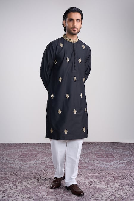 Sanjev Marwaaha Black Cotton Silk Embroidered Kurta Set 