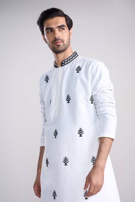 Sanjev Marwaaha_Ivory Cotton Embroidery Kurta Pant Set_Online_at_Aza_Fashions