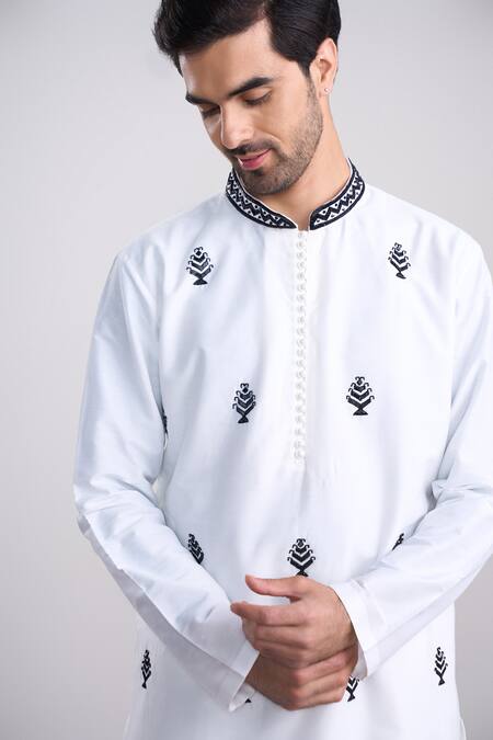Shop_Sanjev Marwaaha_Ivory Cotton Embroidery Kurta Pant Set_Online_at_Aza_Fashions
