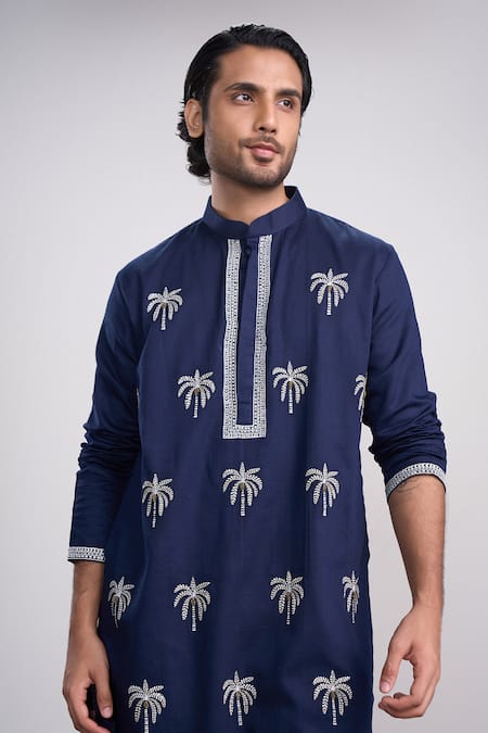 Sanjev Marwaaha Navy Blue Designer Kurta Pant Set 