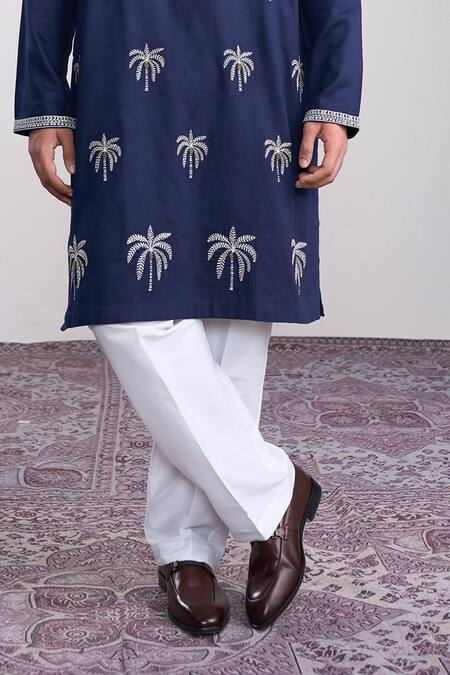 Sanjev Marwaaha_Navy Cotton, Silk Embroidery Blue Designer Kurta Pant Set_Online_at_Aza_Fashions