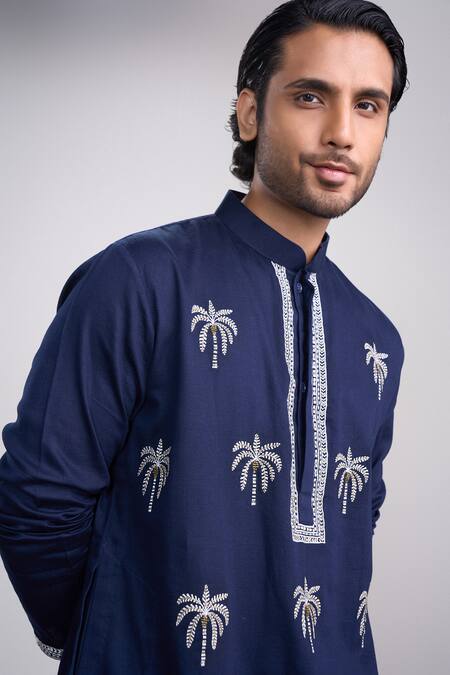 Buy_Sanjev Marwaaha_Navy Cotton, Silk Embroidery Blue Designer Kurta Pant Set_Online_at_Aza_Fashions