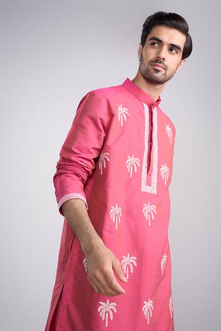 Sanjev Marwaaha_Pink Cotton, Silk Embroidery Designer Kurta Set_Online_at_Aza_Fashions