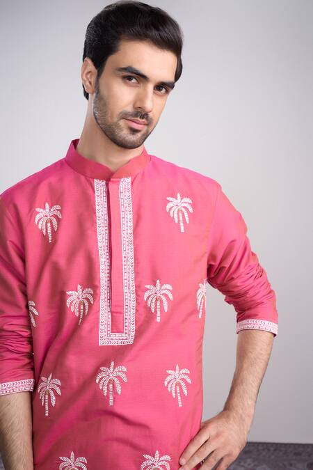 Shop_Sanjev Marwaaha_Pink Cotton, Silk Embroidery Designer Kurta Set_Online_at_Aza_Fashions