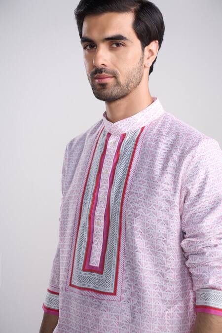 Shop_Sanjev Marwaaha_Ivory Cotton, Silk Printed Kurta Set_Online_at_Aza_Fashions