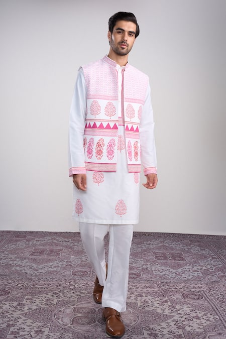 Sanjev Marwaaha Ivory Cotton Silk Bundi Kurta Set 