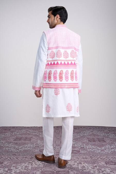 Sanjev Marwaaha Ivory Cotton Silk Bundi Kurta Set 