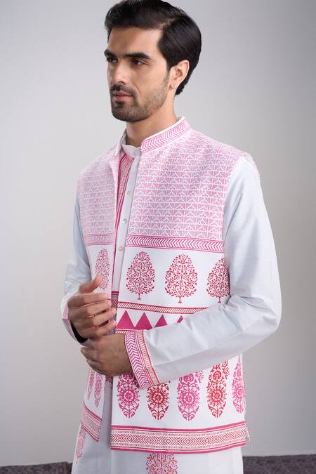 Sanjev Marwaaha_White Cotton, Silk Embroidery Ivory Bundi Kurta Set_Online_at_Aza_Fashions