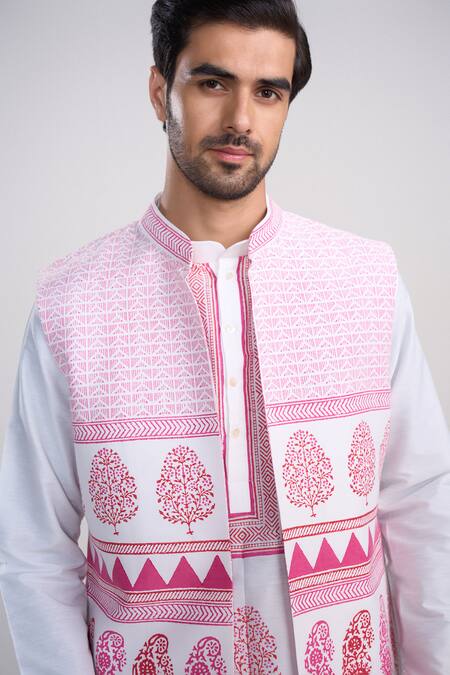 Buy_Sanjev Marwaaha_White Cotton, Silk Embroidery Ivory Bundi Kurta Set_Online_at_Aza_Fashions