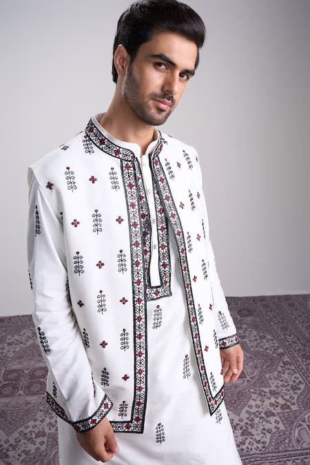 Sanjev Marwaaha_Ivory Cotton, Silk Embroidery Designer Kurta Set_Online_at_Aza_Fashions