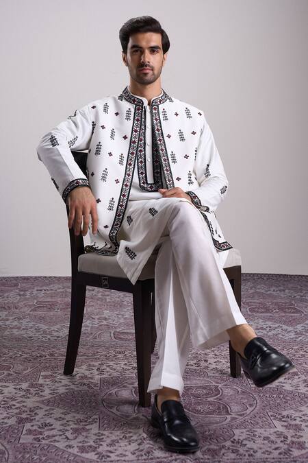 Buy_Sanjev Marwaaha_Ivory Cotton, Silk Embroidery Designer Kurta Set_Online_at_Aza_Fashions