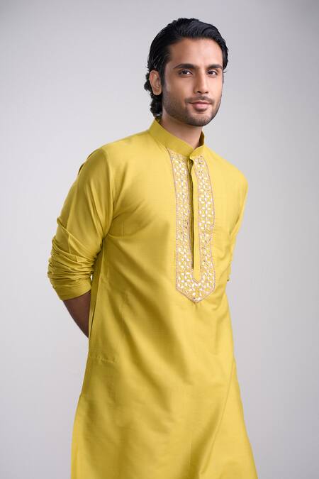 Sanjev Marwaaha_Yellow Cotton, Silk Sequins, Embroidery Kurta Set_Online_at_Aza_Fashions