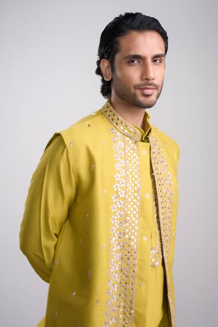 Buy_Sanjev Marwaaha_Yellow Cotton, Silk Sequins, Embroidery Kurta Set_Online_at_Aza_Fashions