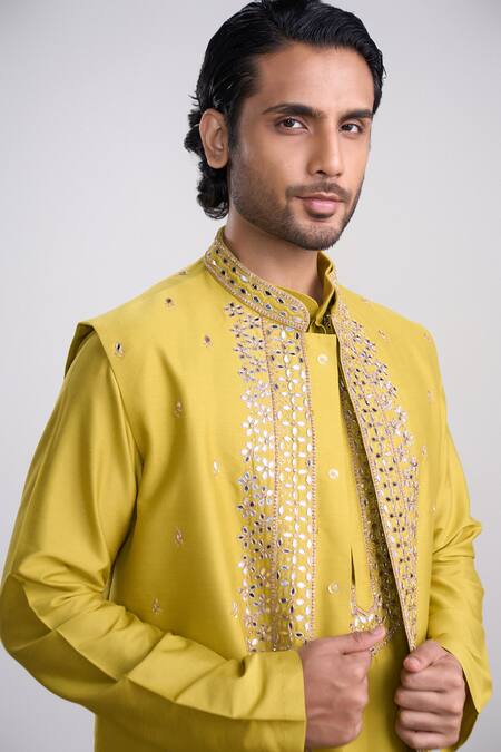 Shop_Sanjev Marwaaha_Yellow Cotton, Silk Sequins, Embroidery Kurta Set_Online_at_Aza_Fashions