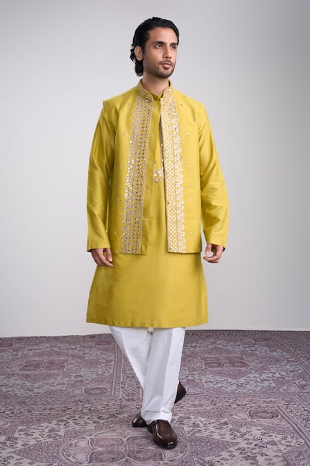 Sanjev Marwaaha Yellow Cotton Silk Embroidered Kurta Set 