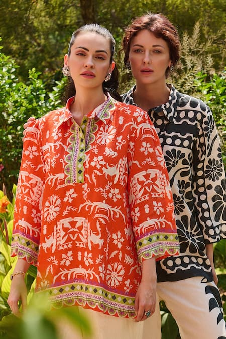 Buy_Nika 1.0_Orange Linen Embroidery Round Neck And Ivory Designer Coord Set _Online_at_Aza_Fashions