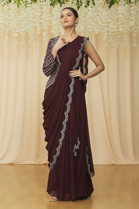 Buy Samyukta Singhania Maroon Georgette Sequins, Pearls, Scalloped Pre-draped Saree With Choli Buy_Samyukta Singhania_Maroon Georgette Sequins, Pearls, Scalloped Pre-draped Saree With Choli
