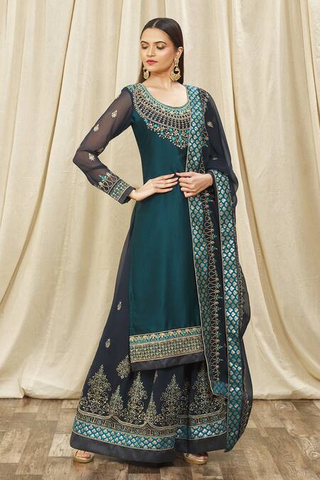 Samyukta Singhania Blue Satin, Georgette, Net Crystals, Zari, Embroidery Kurta Set With Dupatta at Aza Fashions Samyukta Singhania_Blue Satin, Georgette, Net Crystals, Zari, Embroidery Kurta Set With Dupatta_at_Aza_Fashions