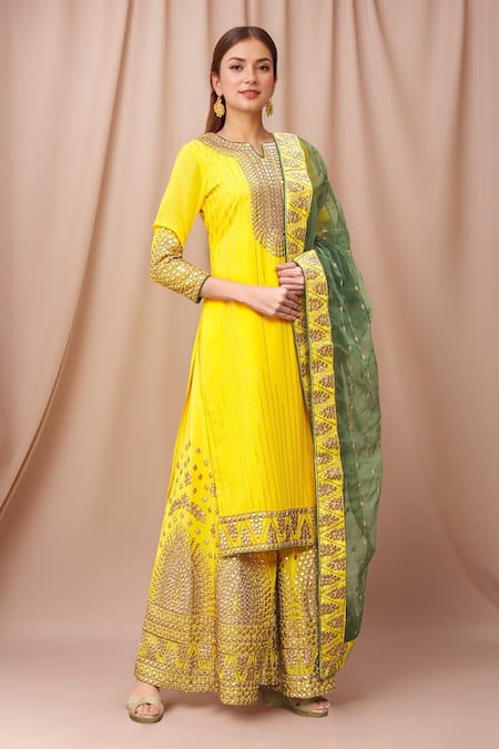 Samyukta Singhania Yellow Georgette, Net, Organza Sequins, Gota Patti Split Embellished Kurta Set