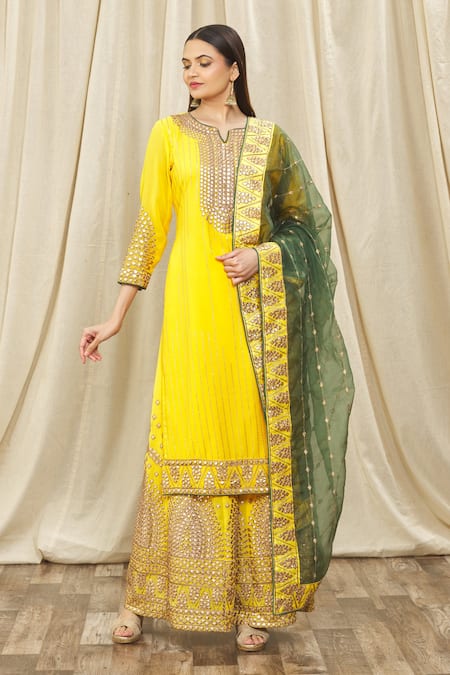Samyukta Singhania_Yellow Georgette, Net, Organza Sequins, Gota Patti Split Embellished Kurta Set_at_Aza_Fashions