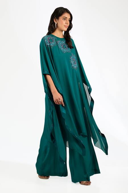 Anjali Kanwar_Emerald Green Georgette, Viscose, Crepe Sequins Cape And Pant Set _Online_at_Aza_Fashions
