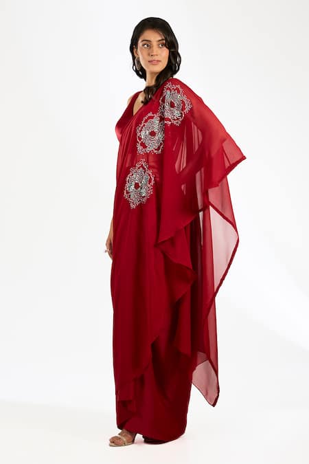 Anjali Kanwar_Red Satin Beads, Sequins Georgette Beaded Cape Set _Online_at_Aza_Fashions