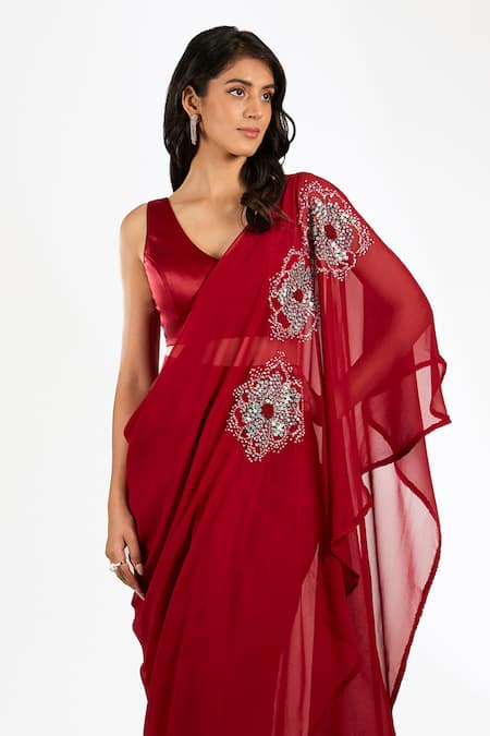 Buy_Anjali Kanwar_Red Satin Beads, Sequins Georgette Beaded Cape Set _Online_at_Aza_Fashions