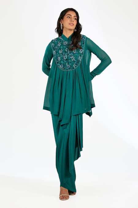 Anjali Kanwar Emerald Green Chiffon, Crepe Beads, Sequins Collared Beaded Top And Skirt
