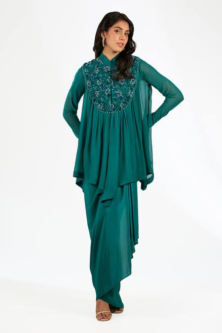 Anjali Kanwar_Emerald Green Chiffon, Crepe Beads, Sequins Collared Beaded Top And Skirt _Online_at_Aza_Fashions