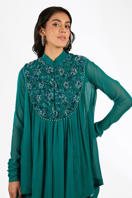 Buy_Anjali Kanwar_Emerald Green Chiffon, Crepe Beads, Sequins Collared Beaded Top And Skirt _Online_at_Aza_Fashions