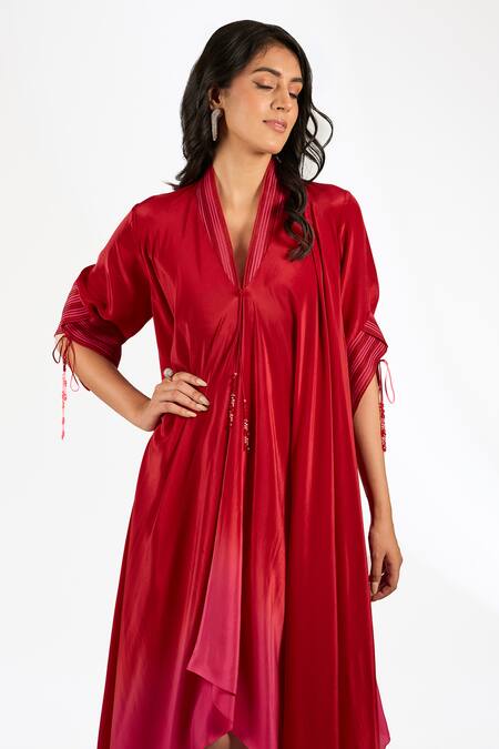 Anjali Kanwar Red Silk, Crepe Beads, Sequins V-neck Designer Dress Online at Aza Fashions Anjali Kanwar_Red Silk, Crepe Beads, Sequins V-neck Designer Dress _Online_at_Aza_Fashions