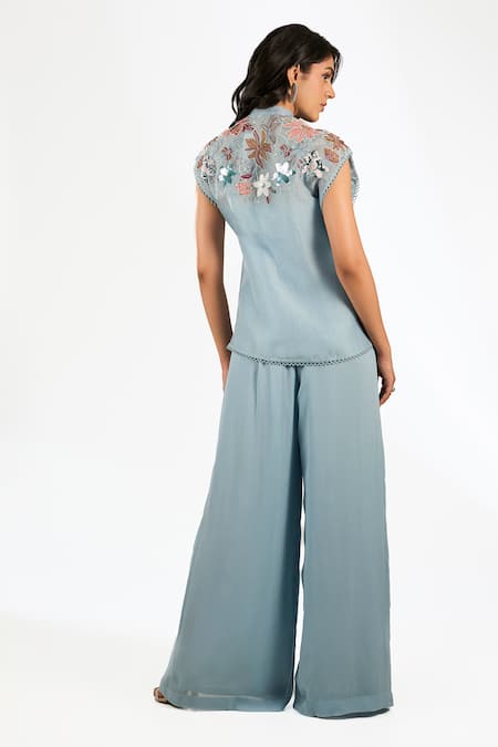 Anjali Kanwar Aqua Blue Beaded Jumpsuit & Jacket Set 