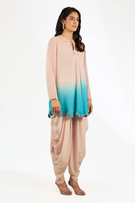 Anjali Kanwar_Pink Georgette, Silk, Crepe Beads, Ombre Kurta Set With Dhoti Pant And Stole _Online_at_Aza_Fashions