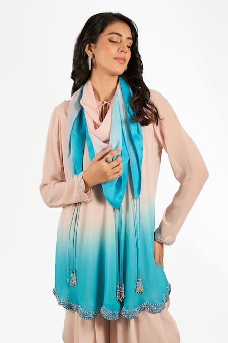 Buy_Anjali Kanwar_Pink Georgette, Silk, Crepe Beads, Ombre Kurta Set With Dhoti Pant And Stole _Online_at_Aza_Fashions