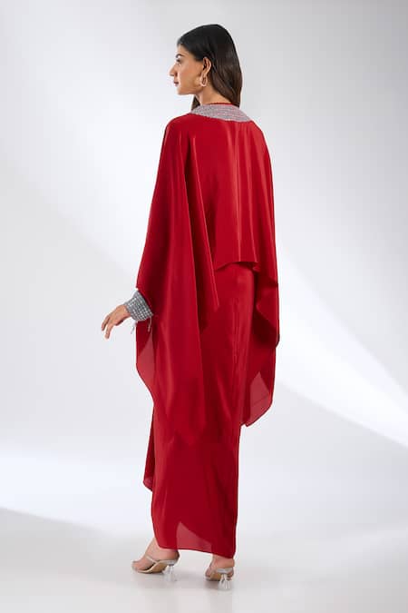 Anjali Kanwar Red Beaded Silk Crepe Tunic & Skirt Set 