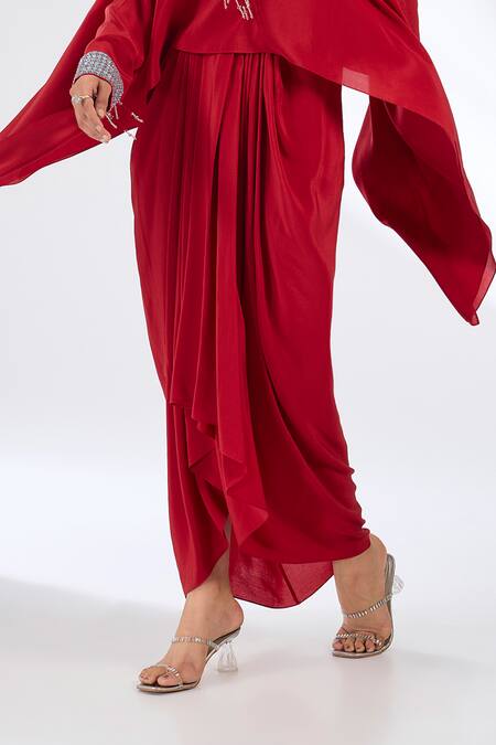 Anjali Kanwar_Red Silk, Crepe Beads, Sequins V-neck Beaded Tunic And Skirt Set _Online_at_Aza_Fashions