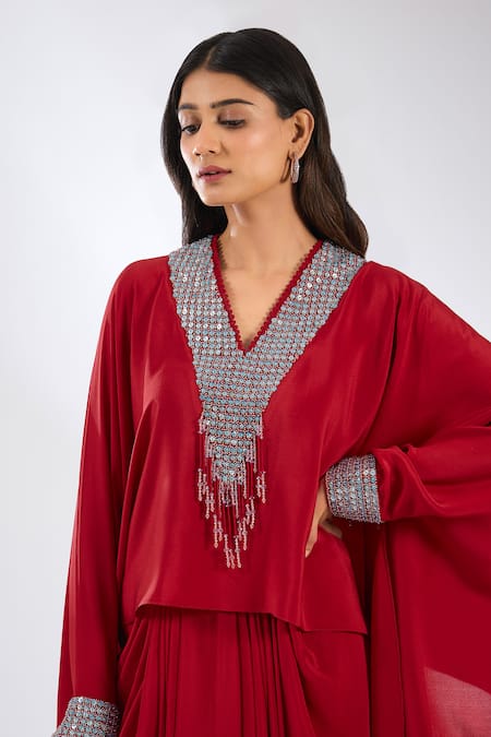 Buy_Anjali Kanwar_Red Silk, Crepe Beads, Sequins V-neck Beaded Tunic And Skirt Set _Online_at_Aza_Fashions