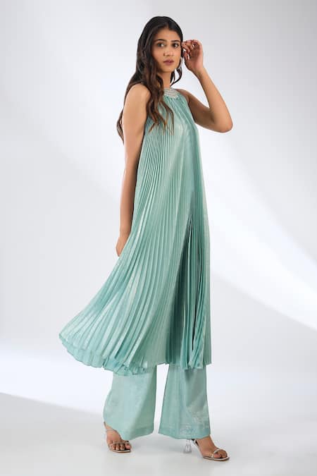 Anjali Kanwar_Mint Crepe Beads, Sequins High Neck Pleated Green Kurta Trouser Set _Online_at_Aza_Fashions