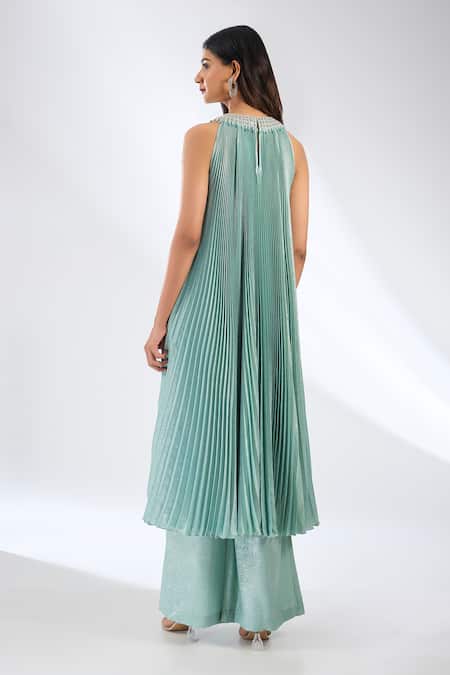 Anjali Kanwar Pleated Mint Green Kurta Trouser Set 