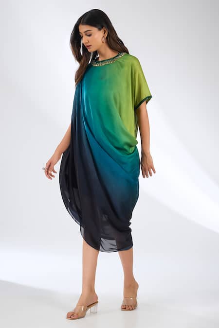 Anjali Kanwar_Green Satin, Crepe Beads, Sequins Round Neck Ombre Beaded Dress _Online_at_Aza_Fashions